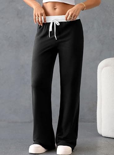 Herseas Women's Contrast Color Waistband Sweatpants Wide Leg Pants with Drawstring Buckle thumbnail 3
