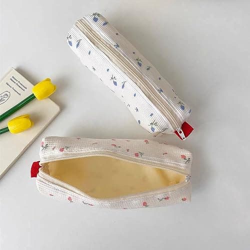 mkemka Big Capacity Cute Pencil Case Set for Girls 2 Pack Pink Blue Portable Canvas Pen Bags with Small Floral Design Ideal for Student Stationery Storage thumbnail 5