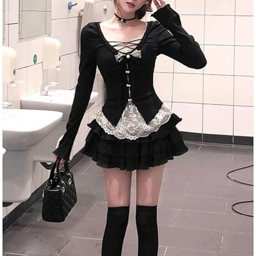 Xojbzoo Y2K retro skirt set black fake two-piece inner top and lace skirt fashionable casual set thumbnail 8