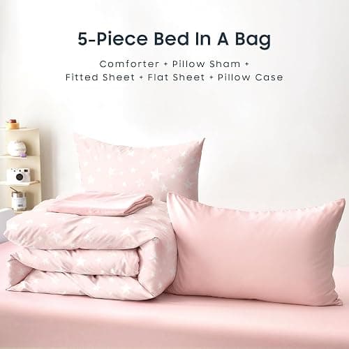 Wake In Cloud - Star Bedding Set for Boys Girls, Cute Stars Polka Dot, Soft Lightweight Comforter Set with Sheets, 5 Pieces Kids Bed in a Bag, Light Pink, Twin Size thumbnail 7