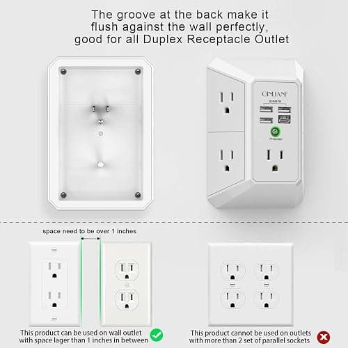 Wall Charger, Surge Protector, QINLIANF 5 Outlet Extender with 4 USB Charging Ports, 3-Sided 1680J Power Strip Multi Plug Adapter Spaced for Home Travel Office thumbnail 3