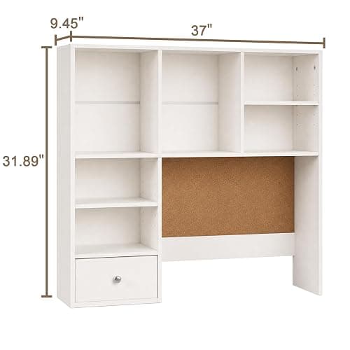 ELUREVIA White Desk Hutch with Cork Board for Photos and Reminders, Dorm Desk Hutch with Drawers and Shelves, Desktop Bookshelf for College Dorm, Student Bedroom, Compact Study Spaces thumbnail 3