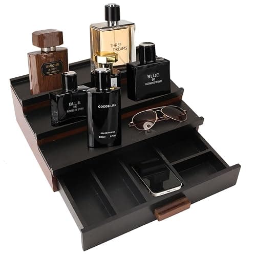 Fengligoo Cologne Organizer for Men - 3 Tier Wooden Cologne Perfume Display Stand with Drawer and Compartment, Mens Cologne Holder Shelf for Organization and Storage,Black Brown thumbnail 5