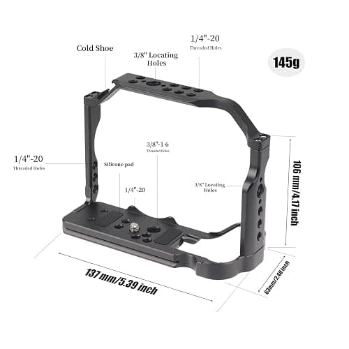 FocusFoto Camera Cage for Canon EOS R10 Mirrorless Camera, Aluminium Video Rig with NATO Rail, Cold Shoe, 1/4" Screw Mouting, 3/8"-16 Locating Pins for Arri Grip, Quick Release Plate for Arca Tripod thumbnail 3
