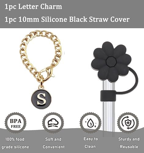 Stanley Cup Accessories, 1pc Flower Stanley Straw Cover Silicone Straw Topper for Stanley 30&40 oz Tumbler with Handle and 1pc Initial Letter Charm for Stanley Cup (Letter S) thumbnail 3