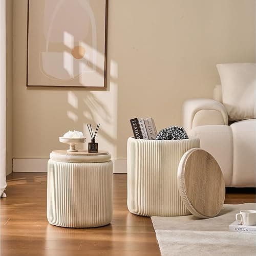 BLEXA Round Set of 2 Ottoman with Storage-Upholstered Velvet Vanity Stool for Makeup Multifunctional Ottomans Coffee Table Padded Seat Foot Rest for Living Room&Bedroom（White） - White - Engineered Wood thumbnail 2
