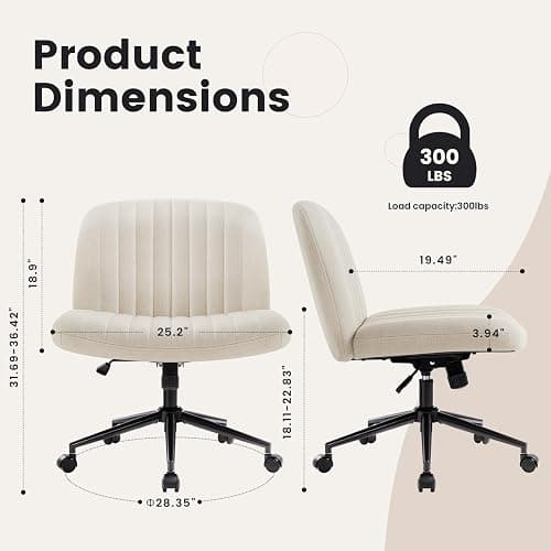 IWMH Armless Office Chair, Desk Chairs with Wheels,Ergonomic Criss Cross Legged Chair with Fabric Padded,Height Adjustable Wide Seat Computer Chairs,Mid-Back Swivel Vanity chair for Home Office(Beige) - Beige With Wheels thumbnail 3