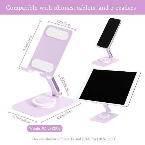 Adjustable Metal Phone Stand for Desk Foldable Phone Holder Lavender Purple | Macaron Colors • Matte Metal Finish • Premium Carbon Steel • 360° Rotating • Adjustable Height & Angle • Anti-Slip Pads thumbnail 4