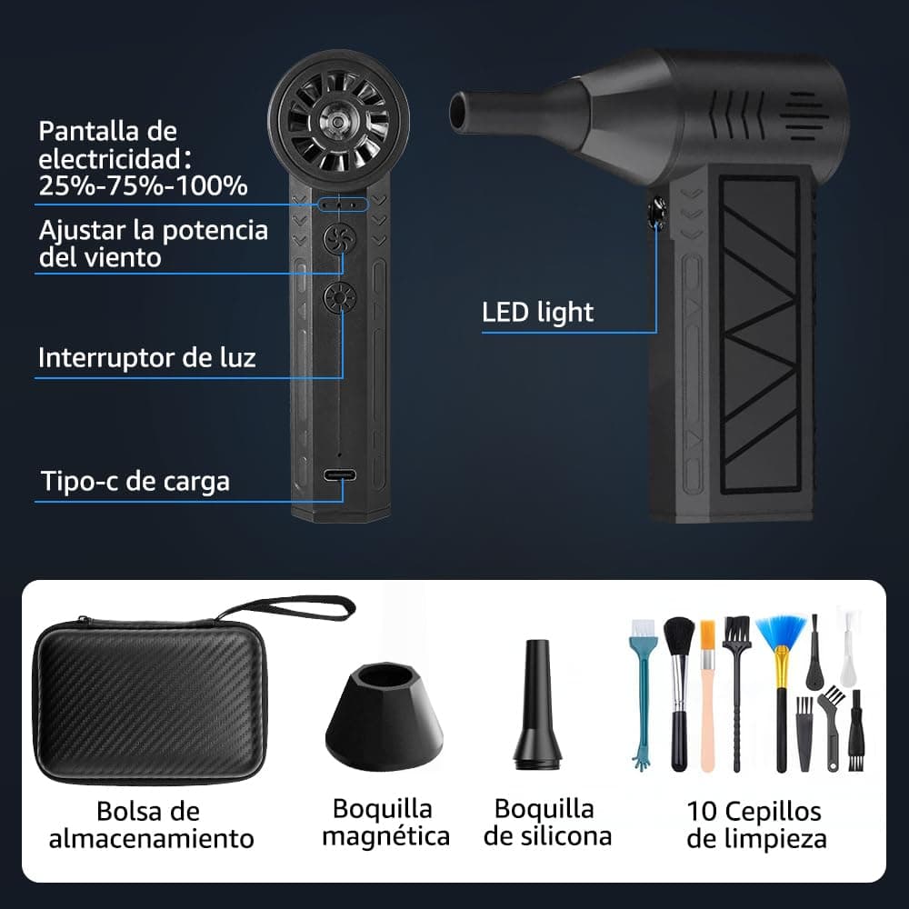 Nasjac Plumero de Aire Comprimido Eléctrico, 16 en 1 Soplador de aire Inalambrico de 130000RPM para limpiador Teclado y PC, Pistola de Aire Comprimido con Luz LED, Ventilador Turbo con 4 Velocidades thumbnail 6