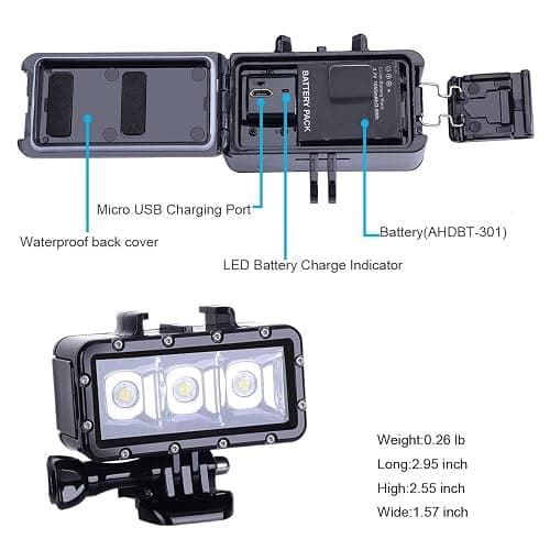 Suptig Diving Light - Waterproof Underwater Light for Gopro Hero 13/12/11/10/9/8/7/6/5/4/3/3+/Session/AKASO/DJI Osmo - 147ft (45m) thumbnail 4
