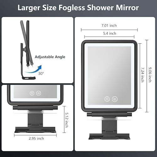 Heated Shower Mirror Fogless for Shaving, 3 Colors Stepless Dimmable Lights Fogless Mirror for Shower, Rechargeable Anti Fog Shaving Mirror for Shower with Razor Holder for Men, Light Memory Function thumbnail 6