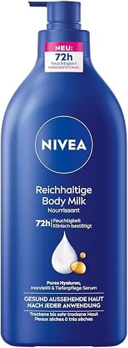 NIVEA Reichhaltige Body Milk, intensiv pflegende Körpercreme mit purem Hyaluron, Mandelöl und Tiefenpflege Serum, Lotion für trockene Haut (625 ml) - Image 1