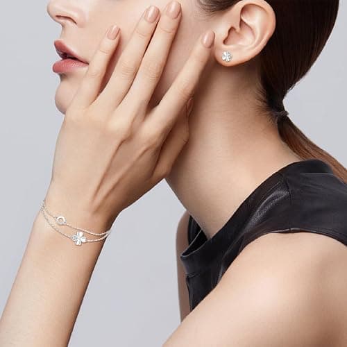 MICMIF 3 Stück Silber 925 Vierblättriges Kleeblatt Schmuck Set für Damen Mädchen: Kleeblatt Ohrstecker + Ketten Armband + Kette Anhänger Kleeblatt - Klee Halskette Armband und Ohrringe Set thumbnail 3