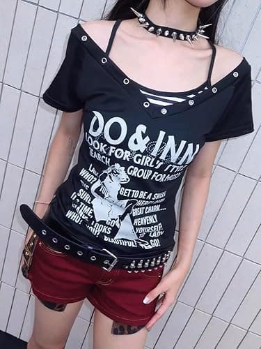 Emo Grunge Shirts Women 2000s Graphic Baby Tees Fake Two Piece Short Sleeve Vintage Y2k Crop Top Goth Alt Clothes - Grey Red - Large thumbnail 6