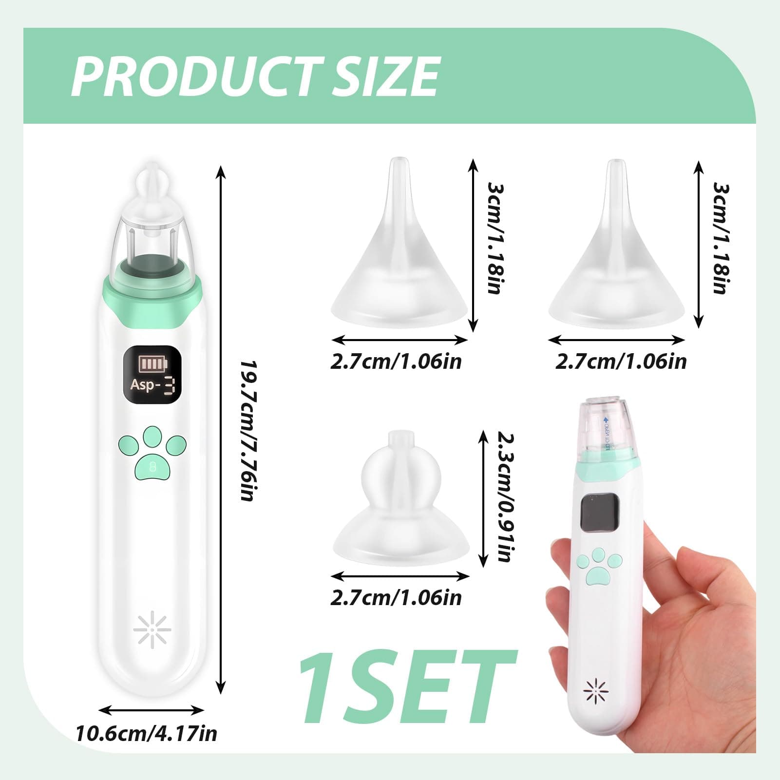 Baby Nasal Aspirator Electric, 3 Types Adjustable Gear, Includes 3 Soft Silicone Tips, Soothing Music & LED Lights, Ideal for Newborns Infants and Toddlers Up to 12 Years (Baby Nasal Aspirator) thumbnail 2