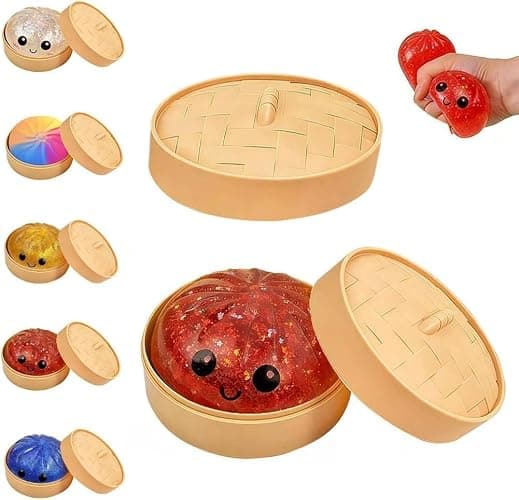Dumpling Squishy Mystery Box, Slow Rising Glitter Squishy Dumpling Toy, Anxiety Relief Fidget, Stocking Stuffers with Food Steamer Stretchy Desk Toys (Glitter Red) - Image 1