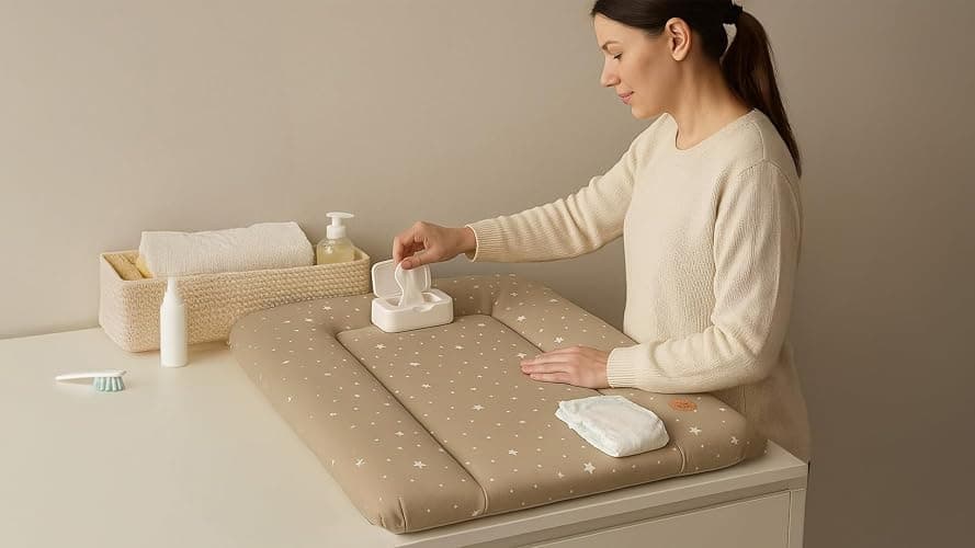 Baby Changing Mat 70 x 50 cm – Baby Changing Table with Plan, Waterproof Mat Easy to Clean to Place on a Hemnes or Malm Washing Machine or Dresser, Beige with White Stars thumbnail 2