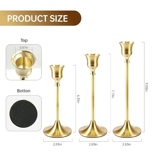 2 Sets(6 Pcs) Candle Stick Holders， Brass Gold Metal Taper Candle Holders, Vintage Modern Decorative Centerpiece Candlestick Holders for Table Mantel Wedding Housewarming Gift thumbnail 2