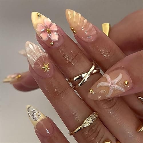 30Pcs Pink Flower Press on Nails Medium Almond French Tip Fake Nails with Gold Shell Starfish Gems Design Handmade False Nails Full Cover Artificial Glue on Nails Hawaii Stick on Nails for Women DIY thumbnail 2