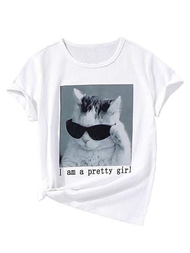 SOLY HUX Girl's Cute Cat Graphic Tees Letter Print Short Sleeve T Shirts Preppy Clothes Summer Tops - Image 1