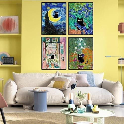 GemZono Adult 5D Diamond Painting Kits - 4 Pieces, Round Diamond Arts Painting Kit, DIY Beginner Black Cat Diamond Art Kit, Matisse Van Gogh Living Room Bedroom Decoration (11.8x15.7) thumbnail 2