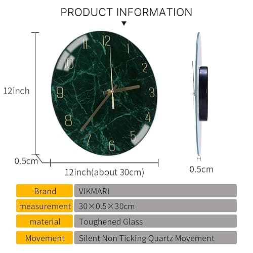 VIKMARI Glass Wall Clock Silent Non Ticking Wall Clock- 12 Inch Quality Quartz Battery Operated Round Easy to Read Home/Office/Classroom/School Clock (Dark Green) thumbnail 3