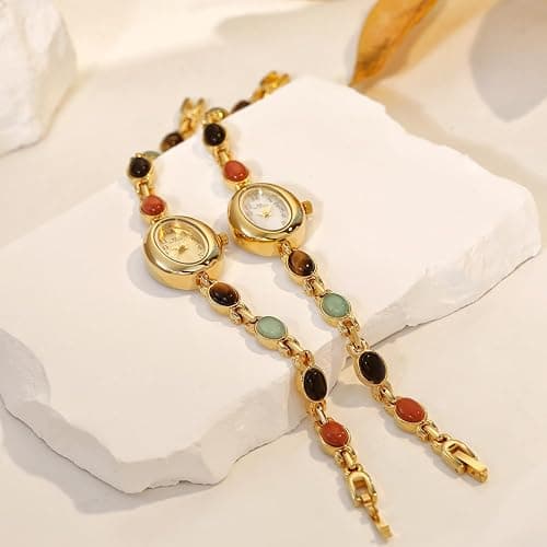 CARLIEN Womens Gold Petite Vintage Colorful Jade Crystals Beaded Waterproof Watch Small Pearl Oval Dial Arabic Numerals Fashion Bracelet Wrist Watch thumbnail 2