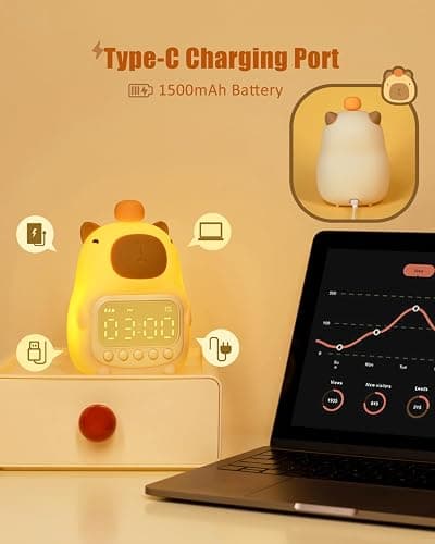 Aokpsrt Capybara Alarm Clock with Night Light for Kids, Cute Toddler Alarm Clocks for Bedrooms Ok to Wake Clocks for Girls and Boys, Rechargeable Silicone Animal Tabletop Lamp for Kid thumbnail 6