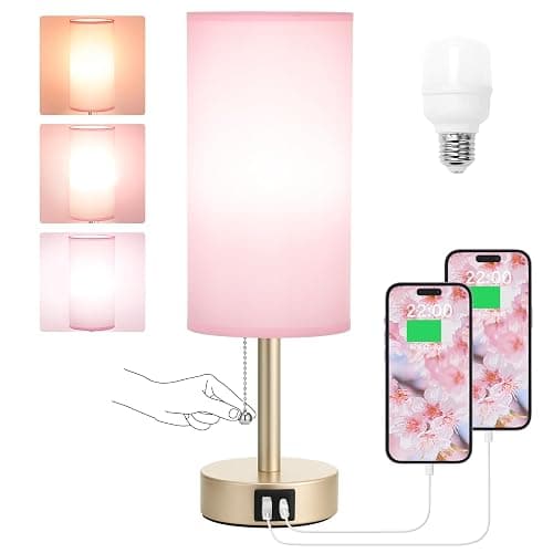 Small Table Lamp for Bedrooms - Bedside Lamps for Nightstands, Minimalist Night Stand Light with round fabric shade, Desk Reading Lamps for Children's room, Living room, Offices,Dorm (Pink and Gold) thumbnail 8