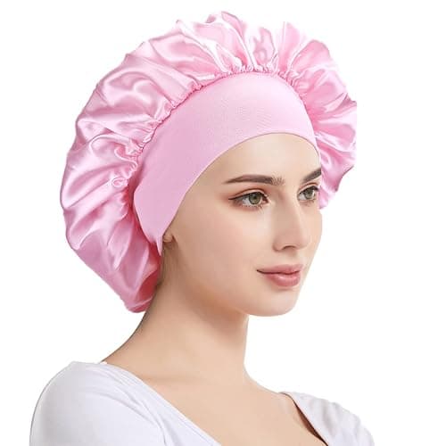 XRACEPHOL 2PCS Silk Bonnet for Sleeping Satin Bonnet Breathable Bonnets for Black Women Satin Hair Cap for Sleeping Wide Elastic Band Sleep Cap Hair Bonnet for Sleeping（Black+Pink） thumbnail 2