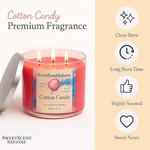 SweetScentSations Cotton Candy Candle with Gift Box Included- 3 Wick Candles - Large Candle with Strong Scented Ideal Pink Candles for Home Scented, Extremely Cute. thumbnail 3