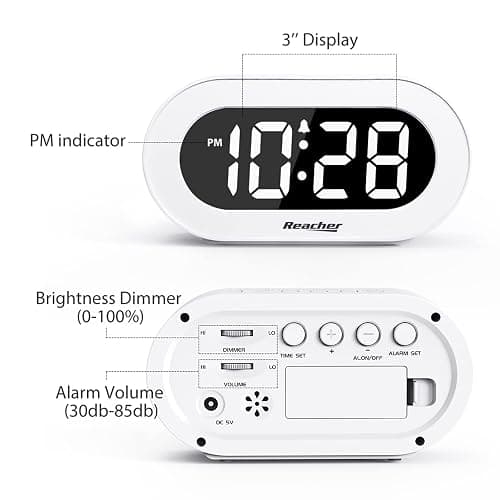 REACHER Small LED Digital Alarm Clock with Snooze, Simple to Operate, Full Range Brightness Dimmer, Adjustable Alarm Volume, Outlet Powered Compact Clock for Bedrooms, Bedside, Desk, Shelf(White) thumbnail 4