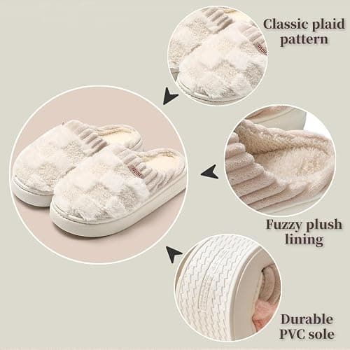 VTTDB Checkered Slipper House Slippers for Women Men Plush Warm Fuzzy Slippers Flyffy Bedroom Shoes Indoor Slip On thumbnail 4