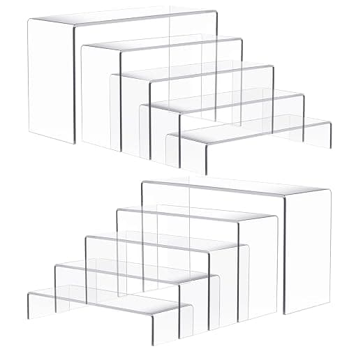 Anglelife 10 Pcs 2 Set 5 Size Large Acrylic Risers, (7”L~8”L~9”L) Rectangular Clear Risers Display Shelves, Transparent Acrylic Risers for Decor, Cupcake Candy Shoe Showcase Stands - Image 1