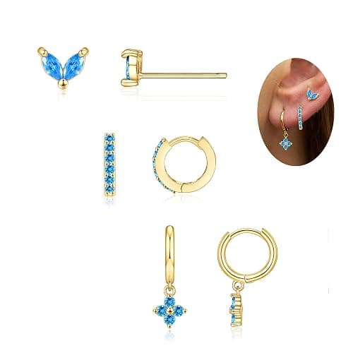 MOZAKA 3 Pairs Dainty Gold/Silver Three Hole Birthstone Earrings Set for Multiple Piercing Non Tarnish 14k Gold Plated Hypoallergenic Cartilage Small Hoop Stud Earrings Stacks Set for Women Birthday Gifts thumbnail 2