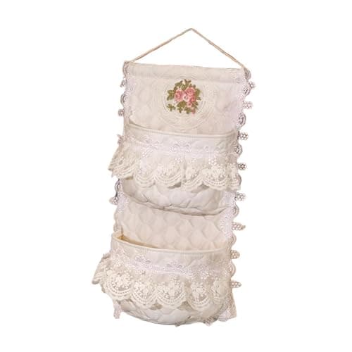 FewNvWa Wall Hanging Storage Bag Organizer Basket Pouch Holder with Quilted Cotton and Milk Lace Easy to Install and Space Saving Suitable for Bedroom Bathroo, 2 Pocket thumbnail 6