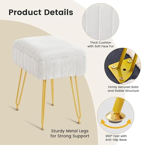 FUXA Vanity Stool Chair with Storage, White Faux Fur Makeup Chair with 4 Metal Legs and Anti-Slip Feet, Soft Padded Seat, Small Footrest Footstool Ottoman, Multifunctional Stool for Bedroom thumbnail 7