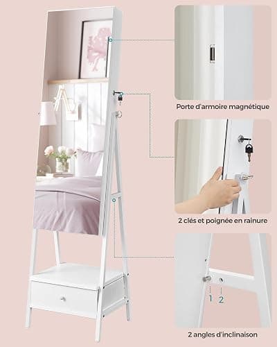 SONGMICS Armoire à Bijoux avec Miroir LED sur Pied, Armoire à Bijoux avec Miroir Pleine Longueur, Organisateur de Bijoux Gain de Place, Tiroir et Étagère, Blanc Nuage JJC025W01 thumbnail 7