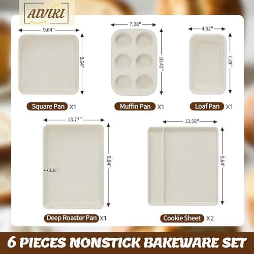 Baking Pans Set, Nonstick Bakeware Sets, Oven Pans for Cooking, AIVIKI 6 Pieces Baking Set Including Cookie Sheet, Deep Roaster Pan, Square Pan, Loaf Pan, Muffin Pan, Carbon Steel Baking Set thumbnail 3