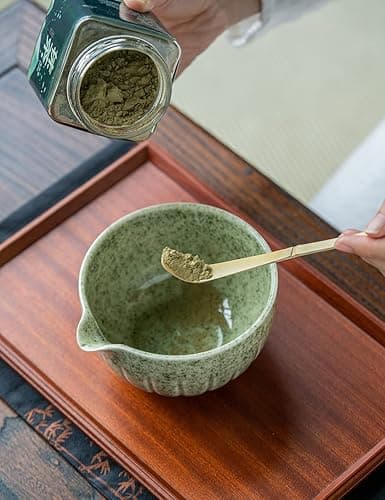 TANG PIN Matcha Set - Match Bowl with Spout and Whisk, 15 OZ, Matcha Scoop | Matcha Whisk Stand (Chasen Holder) - 4pc Perfect Matcha Kit for Matcha Tea Ceremony (Mottled Green) - Mottled Green thumbnail 2