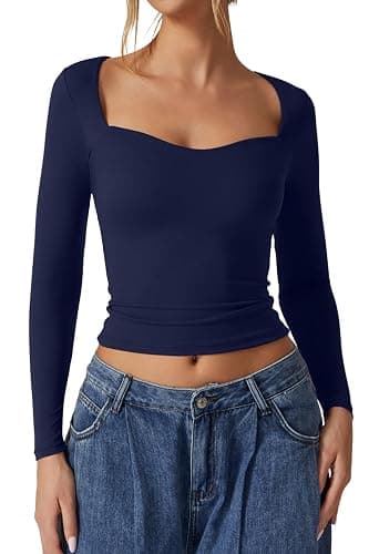 QINSEN Womens Slimming Fit Sweetheart Neck Long Sleeve Basic Crop Tops Stretch Going Out Tee Shirt - Image 1
