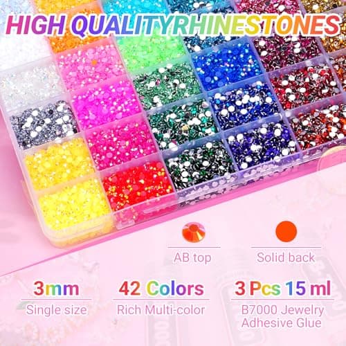 46000Pcs 42 Colors Jelly Rhinestones for Bedazzling, Resin Multicolor 3mm Flatback Gems for Crafting, Bedazzler Kit with 3Pcs 15ml B7000 Jewelry Glue for Crafts Clothes Book Shoes Nail Diamond Art thumbnail 7