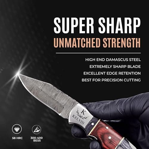 Motiwear Personalized Damascus Folding Pocket Knife, Leather Sheath, | Authentic Damascus steel | Custom laser engraving | Handcrafted leather sheath with belt loop & rod | For EDC & hunting thumbnail 5