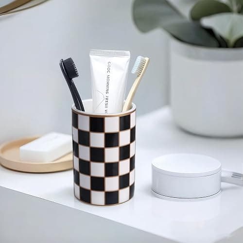 Checkered Bathroom Toothbrush Holder, Bathroom Black and White Ceramic Toothbrush Holder, Modern Toothbrush Box, Used for Bathroom countertop Storage Rack, Checkered Bathroom Decoration (Black) thumbnail 6