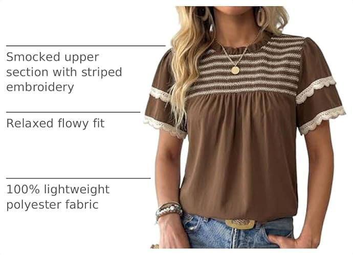Dokotoo Womens Summer Smocked Tops Crewneck Short Ruffle Sleeve Blouses | Flowy Boho Clothes,Stylish Lace Trim,Summer Outfits,Striped,Casual Layered Sleeve,Babydoll Shirts,Texture,Back Keyhole thumbnail 4