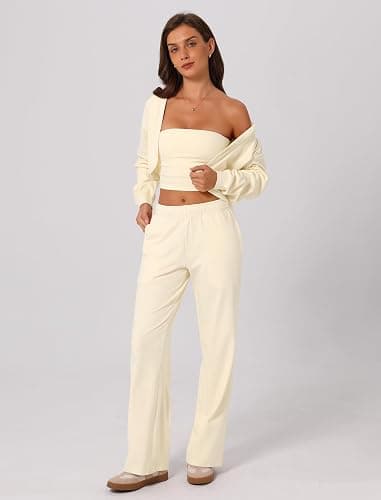ABOCIW Womens 3 Piece Outfits Brushed Jersey Long Sleeve Hooded Cropped Shrug Bandeau Top Wide Leg Sweatpants Tracksuit thumbnail 4