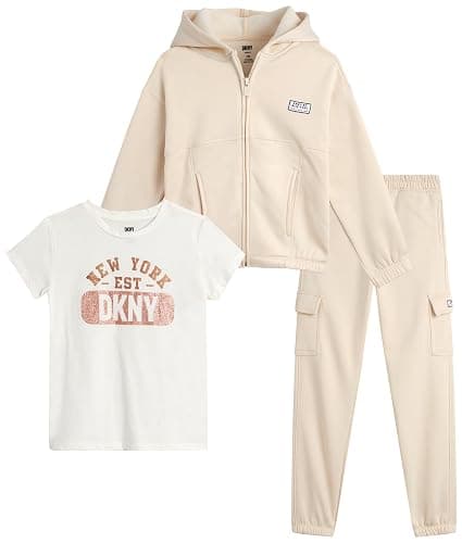 DKNY Girls Pants Set - 3 Piece Graphic Tee, Zip Up Hoodie and Jogger Sweatpants for Girls - Cute Matching Kids Sweatsuit Set - Image 1