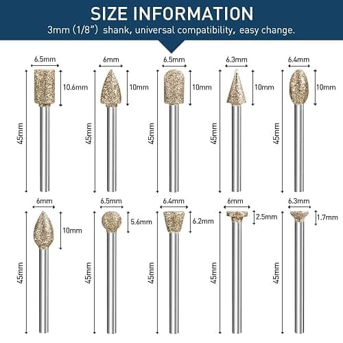 Diamond Grinding Burr Bit Set，20Pcs Rotary Tool Accessories Stone Carving Set with 1/8 inch Shank for Stone Ceramic Glass Carving, Grinding, Polishing, Engraving, Sanding thumbnail 2