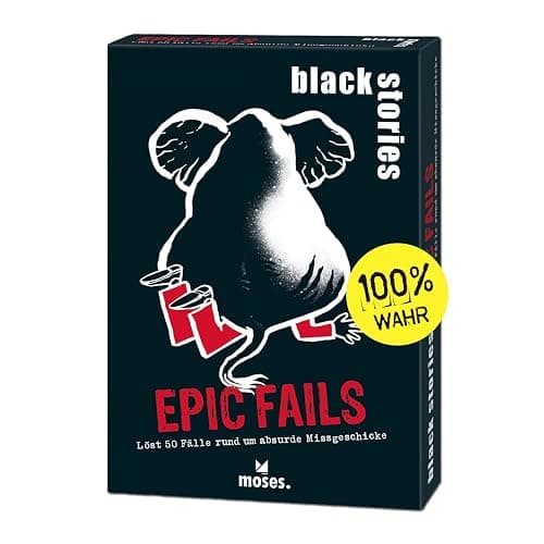 moses. Black Stories Epic Fails - 50 Puzzles con Casos Reales en Torno a desventuras absurdas, Juego de Cartas con Variante de Juego y fichas de puntuación, Juego de Rompecabezas para Adolescentes y - Image 1