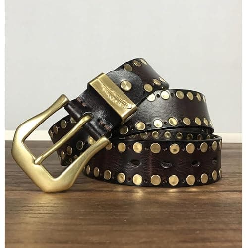 YJSG Studded Belt Men, Adjustable Leather Rivet Punk Casual Cowhide Belt for Men with Brass Metal Pin Buckle,Brown,105CM/41.3'' thumbnail 2